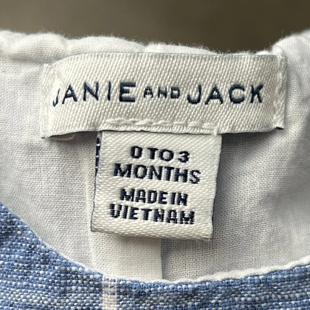 Janie and Jack Blue Windowpane‎ Plaid Linen Blend Romper Shortall 0-3 Months